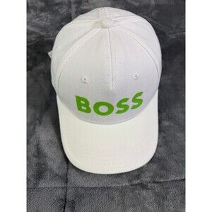 HUGO BOSS White Baseball Cap Neon Green Logo Adjustable Strap Men's Designer Hat